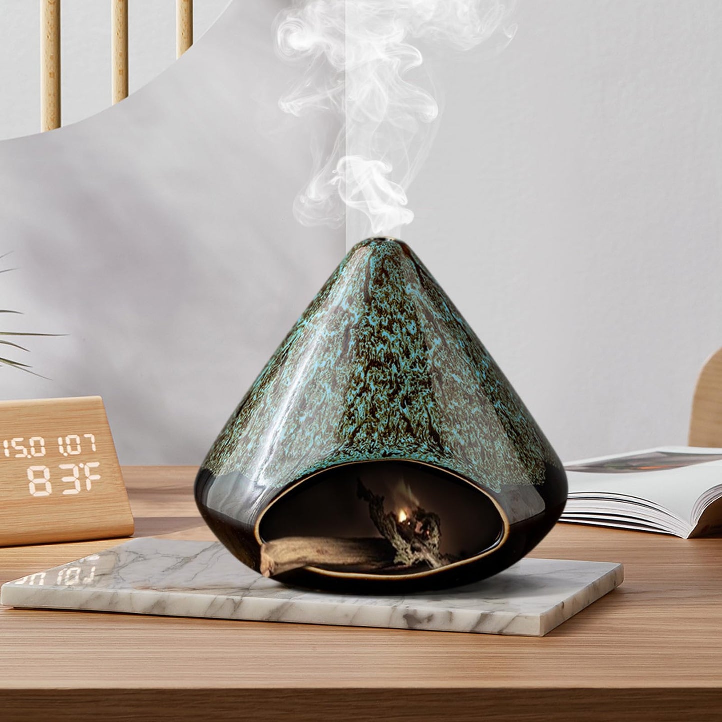 Handcrafted Ceramic Palo Santo Holder –Artistic Incense Burner for Meditation, Mindfulness & Zen Home Decor – Wabi-Sabi Style Cone Sculpture, Relaxation & Aromatherapy-Gift for Yoga (Viridis)