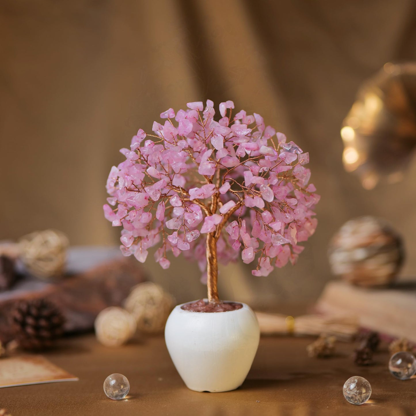 Rose Quartz Stone Chakra Crystal Tree Money Tree Feng Shui Gemstone Tree of Life with Pot Base, Good Luck Tree Christmas Home Office Desk Crystal Decor Ornaments, for Emotional Healing, Heart Chakra