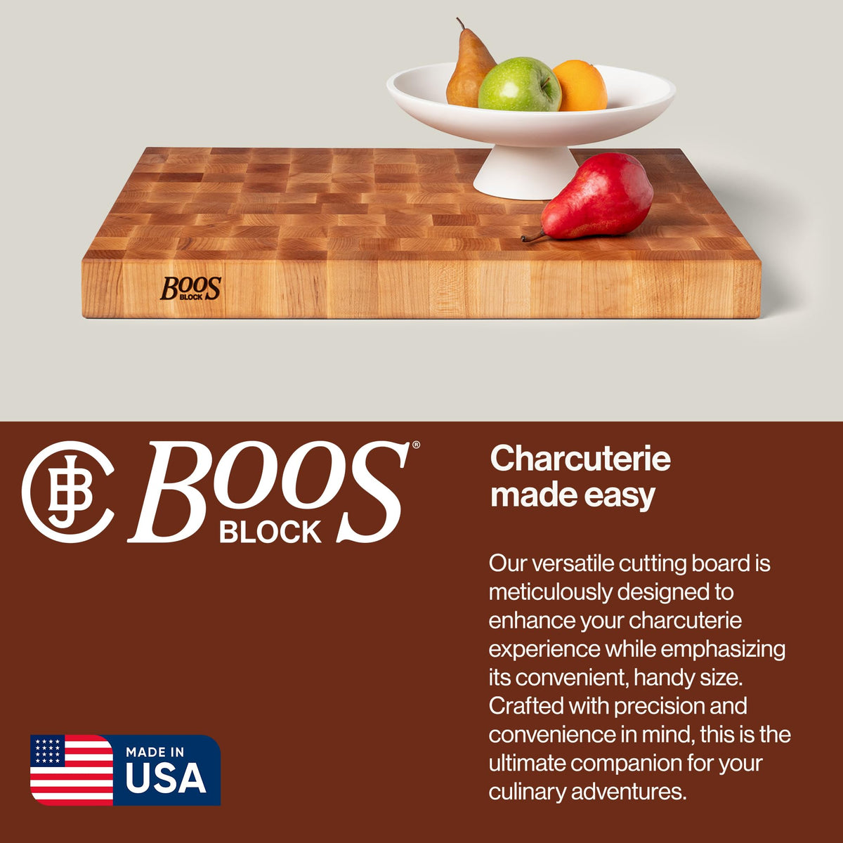 John Boos CCB Series Rectangular Wooden Maple Cutting Board 24”x18” – 2.25” Thick, 30-lb Reversible Butcher Block with End-Grain & Finger Grips – Made in the USA