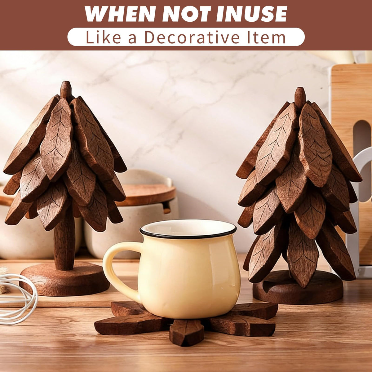 Wooden Heat Insulation Pad— 4-Piece Tree-Shaped Pot Holder Set Suitable for Pots, Plates, and Cups Features Pine Tree Decor for Storage Eco-Friendly and Easy-to-Clean Kitchen Accessories