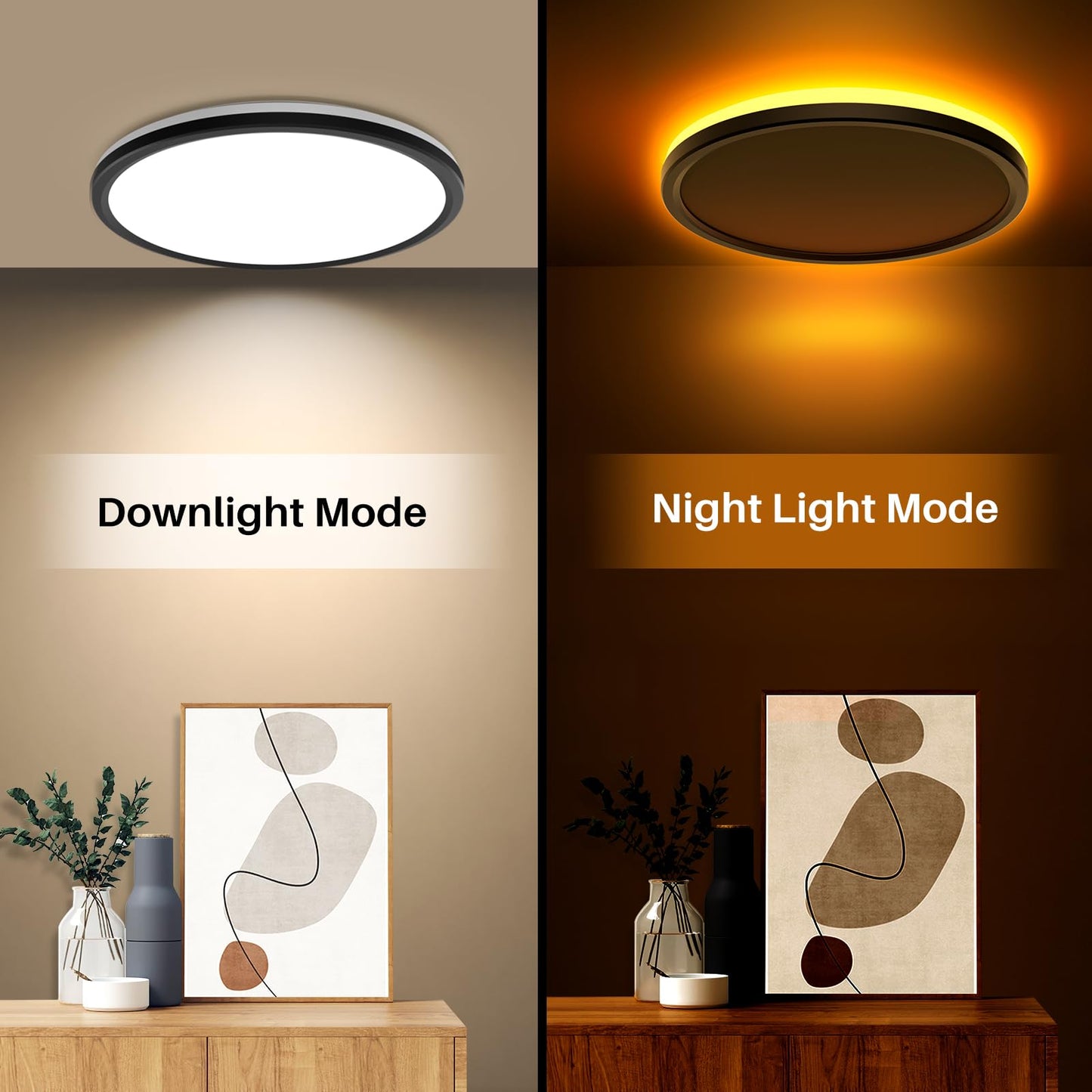 AmazeFan 12Inch LED Flush Mount Ceiling Light with Remote Control, Dimmable Night Light 1800K 3000K/4000K/6500K 24W Low Profile Hardwiring Ceiling Lamp for Bedroom LivingRoom Kitchen Hallway-Black