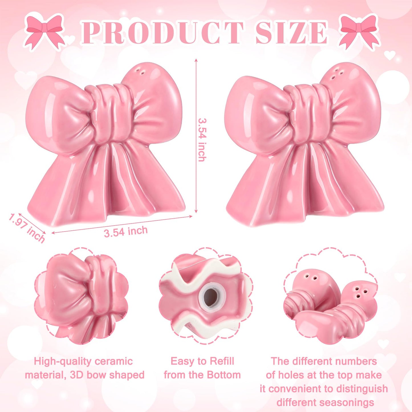LemonRoad 2 Pcs Pink Bow Salt and Pepper Shakers Set Cute Bow Ceramic Decorative Salt and Pepper Shaker Set Coquettish Preppy Decor for Kitchen Dinner Table Party Funny Novelty Gift