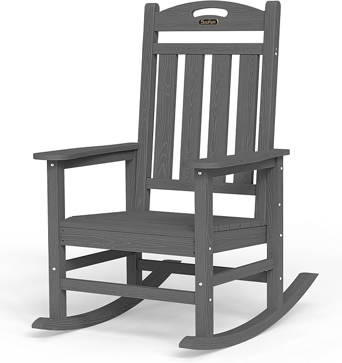 Oversized Outdoor Rocking Chair, HDPE All Weather Resistant Patio Rocking Chair, High Back Porch Rocking Chair, 380lbs Weight Capacity, Dark Grey