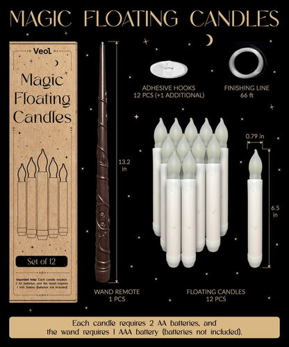 Veol Flameless Floating Candles with Wand Remote 12 PCS, Magic Deco, Hanging with Remote, Battery Operated 6.5" LED Candle, Christmas & Halloween Decorations