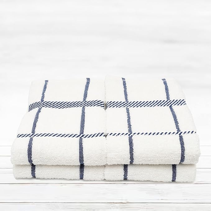 100% Cotton Terry Dish Towels, 4 Pack Checks, 16 x26 Inches, Super Soft and