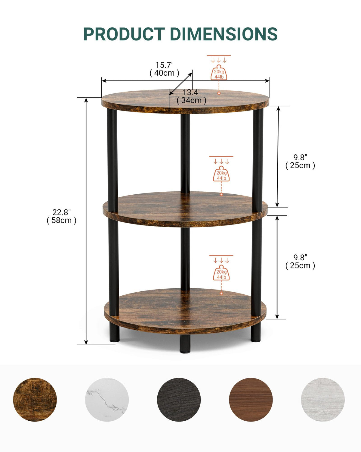 RISWER Round Small End Table - 3 Tier Oval Accent Table for Small Spaces, Rustic Wood and Metal Couch Side Table, Nightstand for Bedroom or End Table Living Room, Easy to Assemble, Rustic Brown