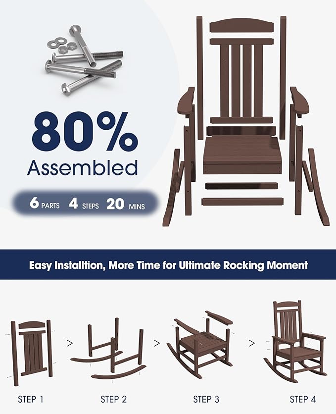 KINGYES HDPE Outdoor Rocking Chair Set of 4, All-Weather Poly Patio Rocking Chairs with 330lbs Support for Adults, Coffee Brown