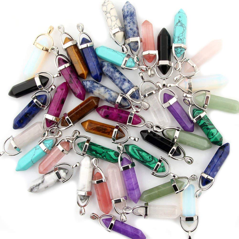 Cmidy Crystal Pendants Mutilcolor 50pcs Gemstone Bullet Meditation Healing Pointed Quartz Chakra Crystal Stone Reiki Pendants for Necklace Jewelry Making
