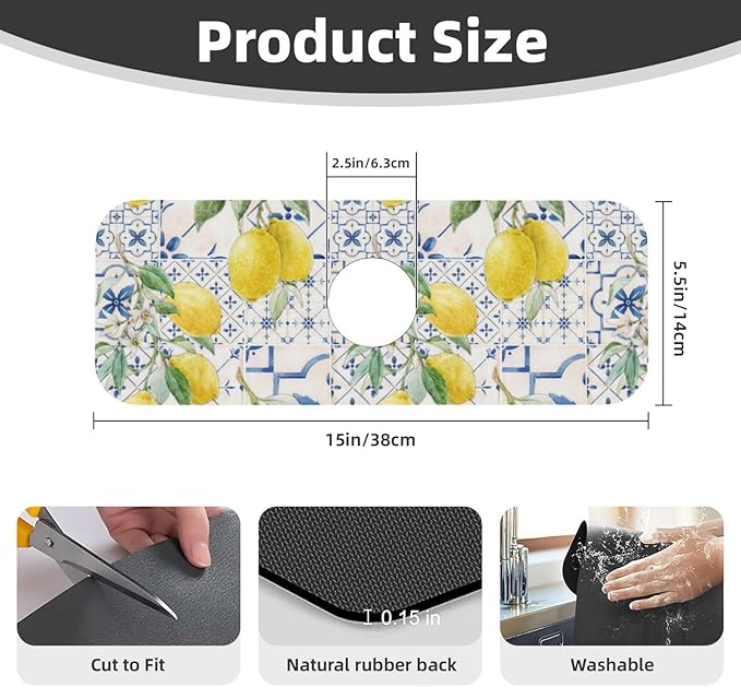 Lemon Mexican Blue Tilt Kitchen Sink Splash Guard Faucet Mat 1 Pcs, Absorbent