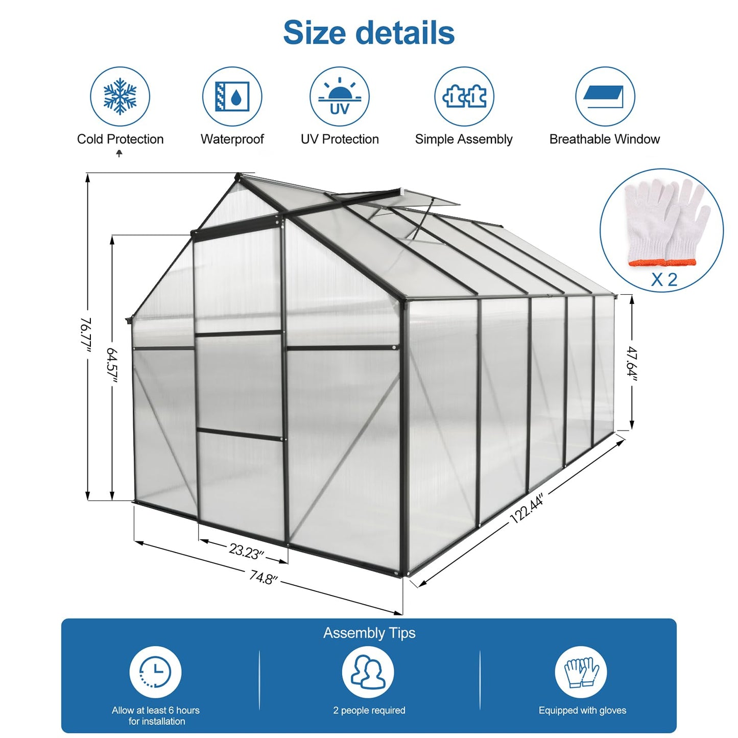 6x10 FT Polycarbonate Greenhouse, Heavy Duty Walk-in Garden Plants Green House, Adjustable Roof, Raised Base and Sliding Door for Outdoor Backyard, Black