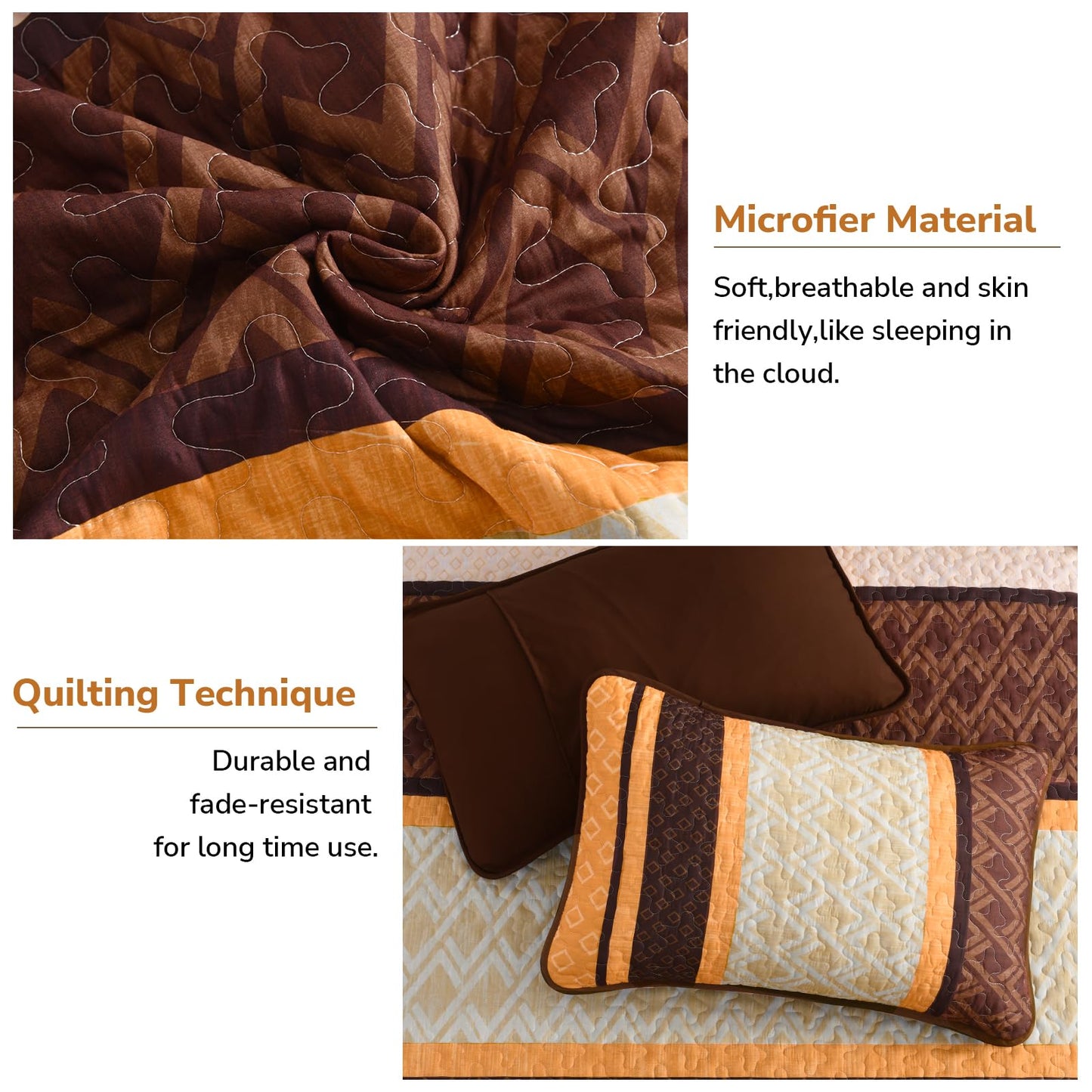 Dinjoy Boho Queen Quilt Set, Soft 3 Pieces Striped Bedspreads, Fall Orange Bedding Sets Micofiber Lightweight Quilts with 2 Pillow Shams Coverlet Bed Sets for Women Men 96''x90''