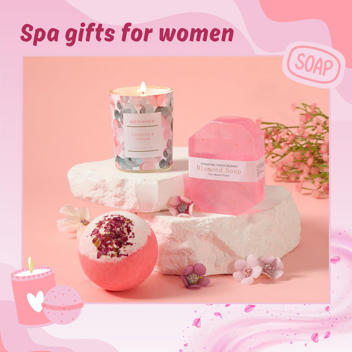 Happy Birthday Gifts for Women, 9pc Get Well Baskets, Pink Self Care Package Relaxing Spa Bath Thinking of You Gift Set for Gf Sister Friend Nurse Daughter Teacher Mother Christmas