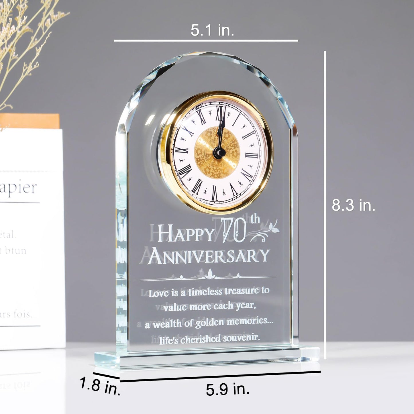 YWHL 70th Wedding Anniversary Clock Gifts for Parents Grandparents, 70th Wedding Anniversary Glass Keepsake for Couples, Meaningful 70 Years Marriage Party Home Decor (Battery not Included)