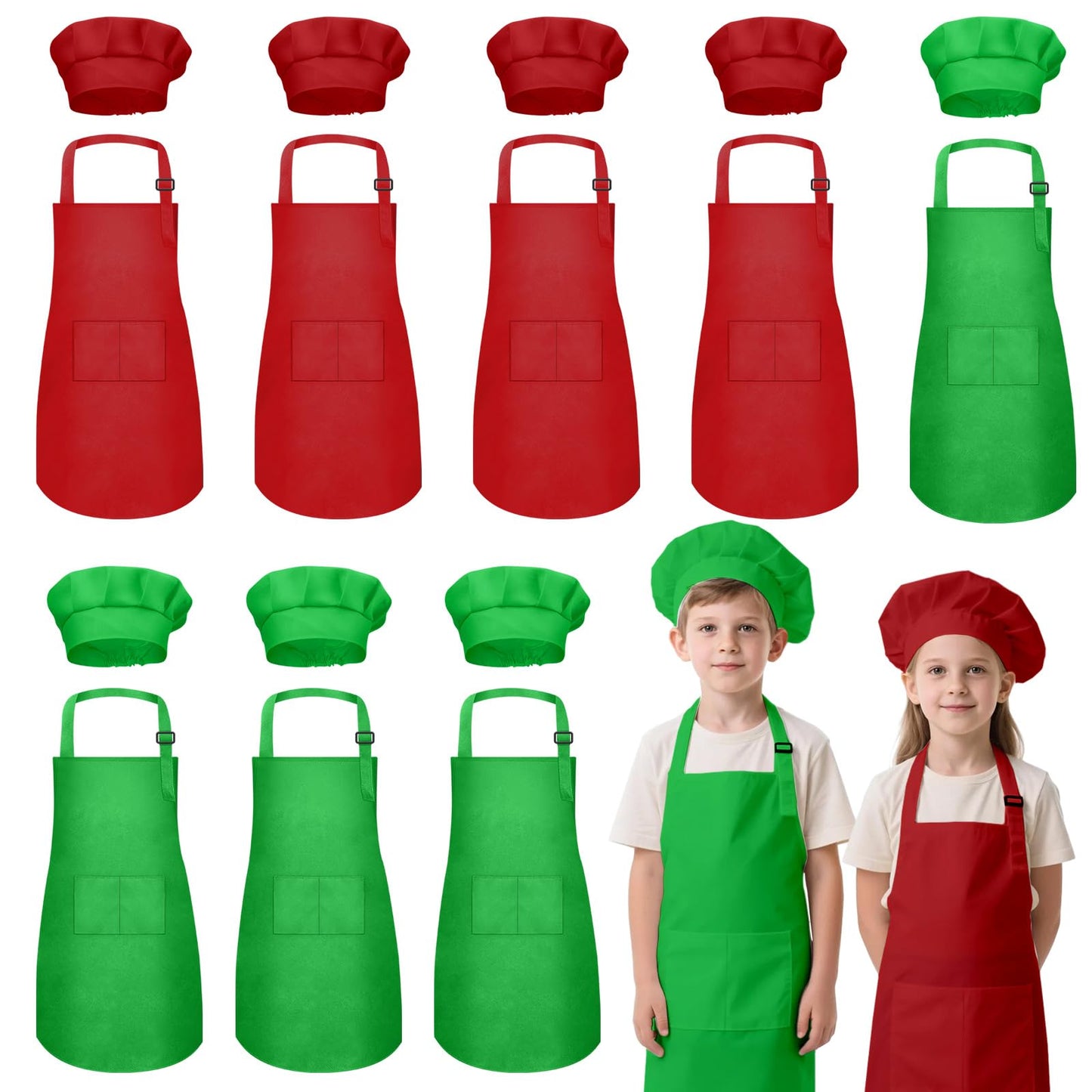 IAGBIBUI Kids Apron and Chef Hat Set, 16 Pieces Boys Girls Christmas Kids Apron with 2 Pockets Adjustable for Cooking Classroom Baking Painting, 6-13 Years(Red, Green)