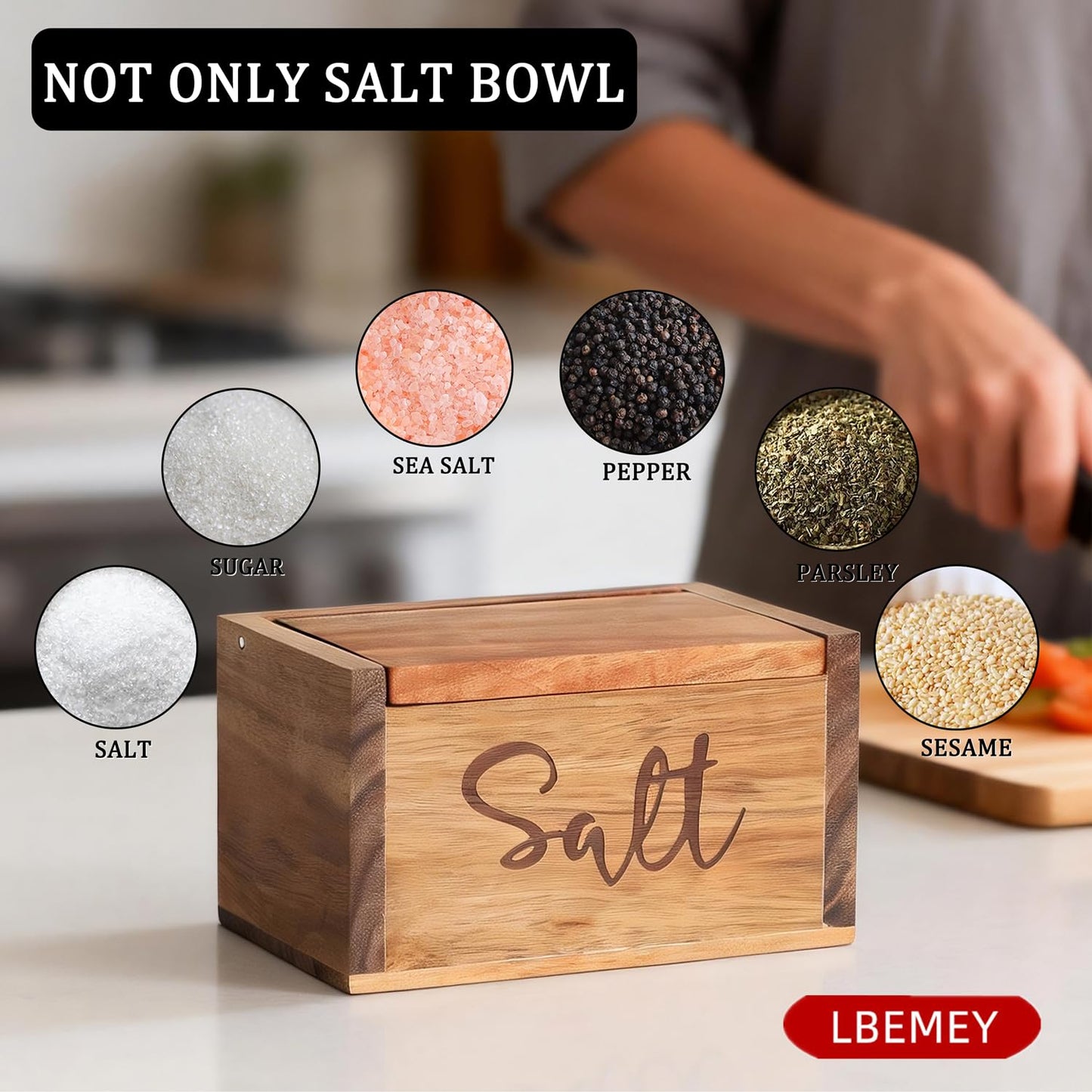 Acacia Wood Spice Box with Lid and Built-in Spoon for Kitchen Countertop, Rectangle Farmhouse Kitchen Decoror for Storing Salt, Peppers, Sugar or Seasonings, Brown (Labeled - “Salt”)