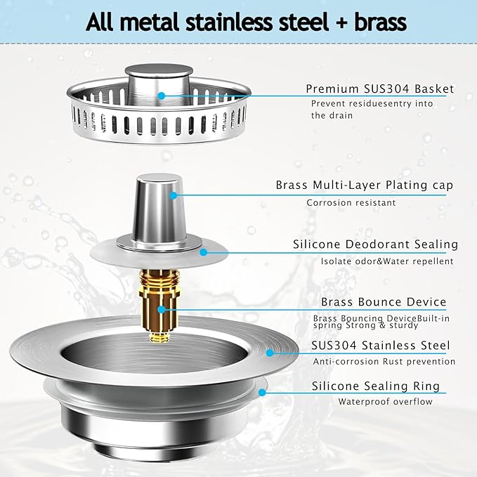 3-in-1 Kitchen Sink Drain Strainer Stopper, Upgraded Stainless Steel Sink Plug