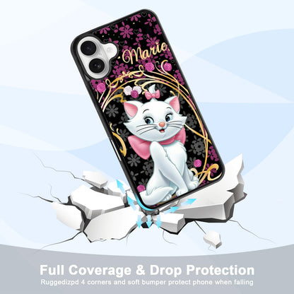 MMYAJT Graceful Marie Cat Phone Case Compatible with iPhone 16 Plus — Golden Lace iPhone Case Shockproof Fuchsia Pink Roses Phone Cover Gift for Boy Girl Men Women