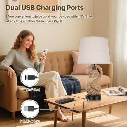 22" Rope Lamps for Night Stands, Dual-Lights Bedside Lamps Set of 2, Boho Table Lamps for Living Room, 3-Color Temperatures Boho Lamp with Rotary Switch, Rattan Lamp with USB Ports, 4 Bulbs Included
