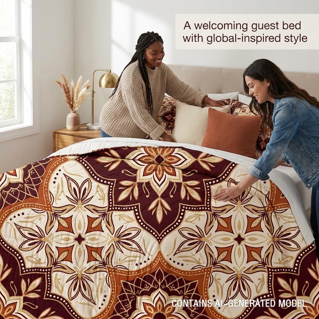 Boho Medallion Quilt Set, Warm Terracotta and Cream Lightweight Microfiber Bedspread with Matching Pillow Shams, Decorative Stitching for Cozy Bedroom Decor, Full/Queen