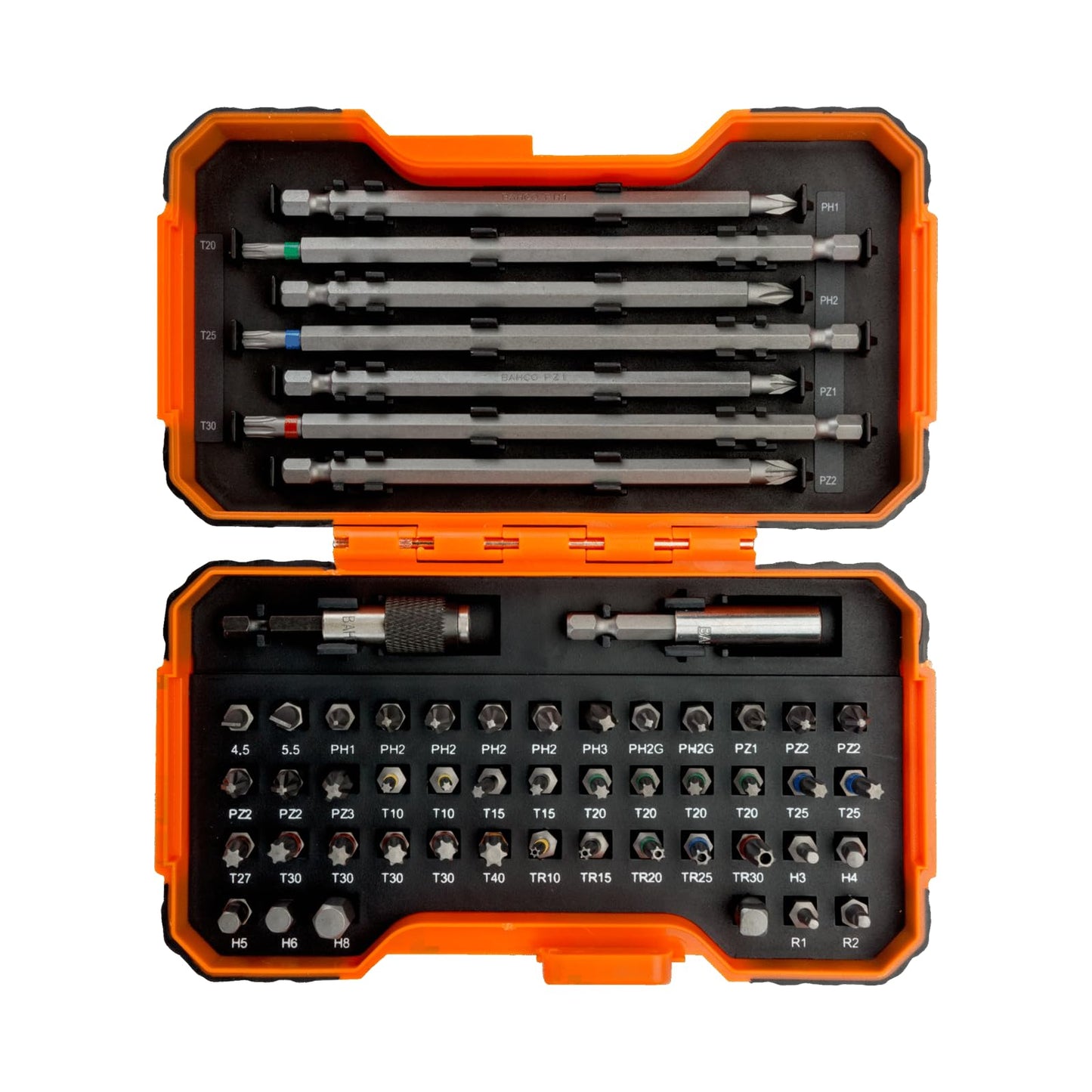 Bahco 59/S54BC 54 Pcs Bit Set for Slotted, Phillips, Pozidriv, Hexagonal, Robertson and Coloured TORX,TORX Tamper, Head Screws