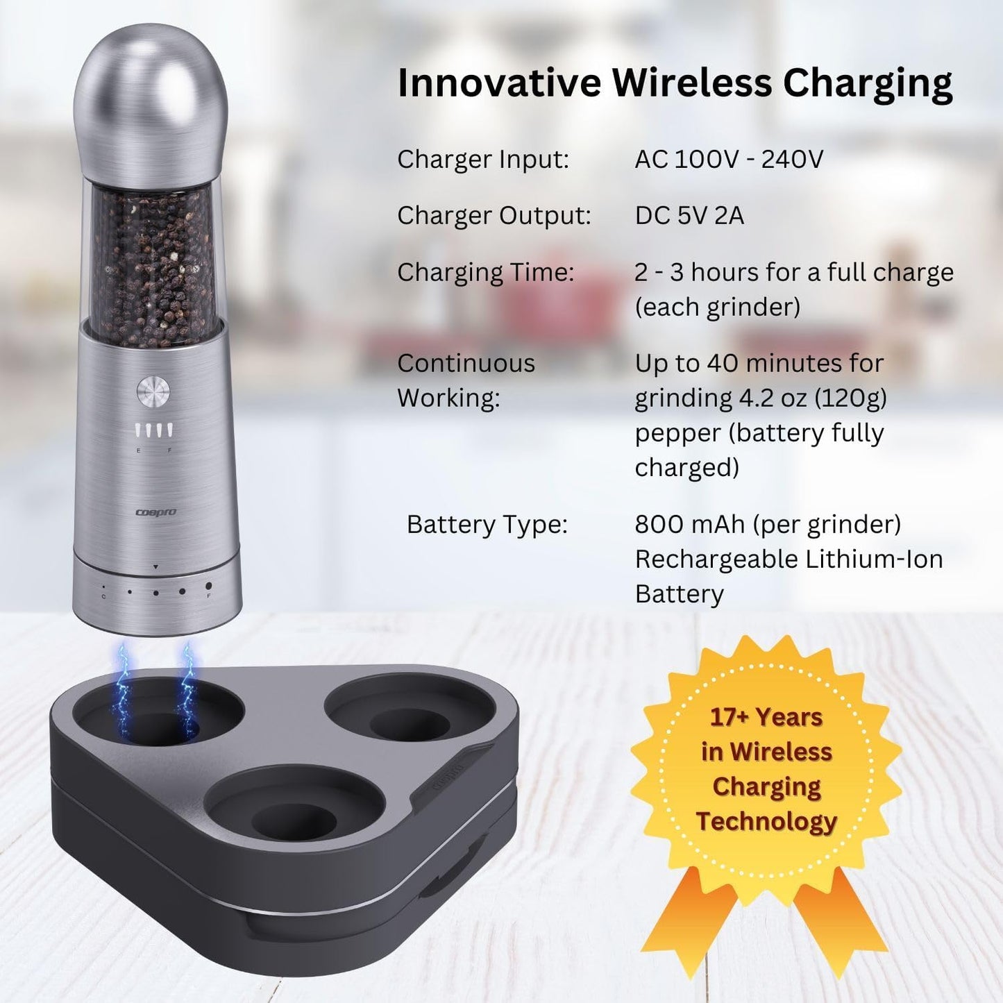 ICE ARMOR Electric Salt and Pepper Grinder, Set of 3 with Wireless Charging Base, Stainless Steel, Rechargeable Automatic Pepper Mill, Adjustable Coarseness, Easy to Use & Clean, Perfect Kitchen Gift