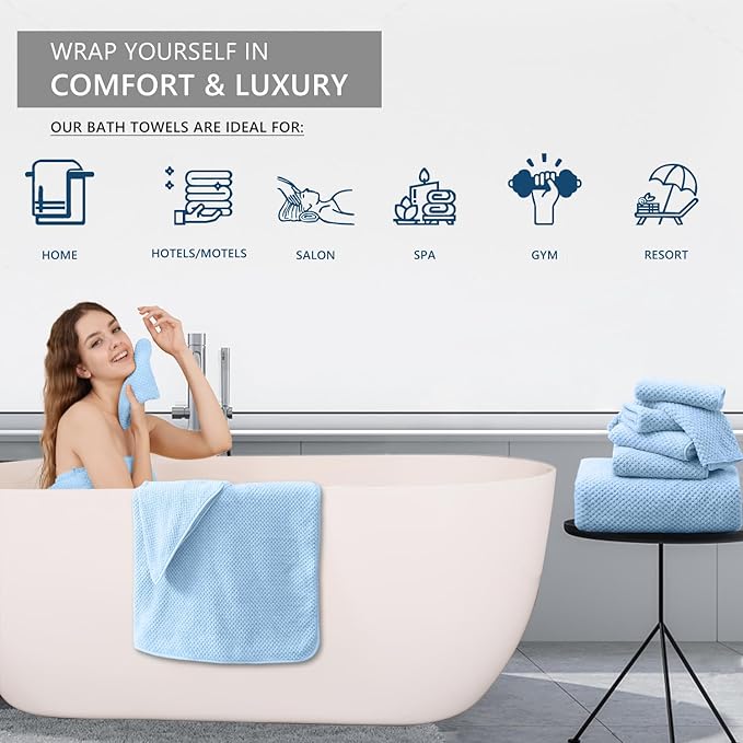 8 Piece Bathroom Towel Set Blue |2 Oversized Large Bath Towels Sheet, 2 Hand
