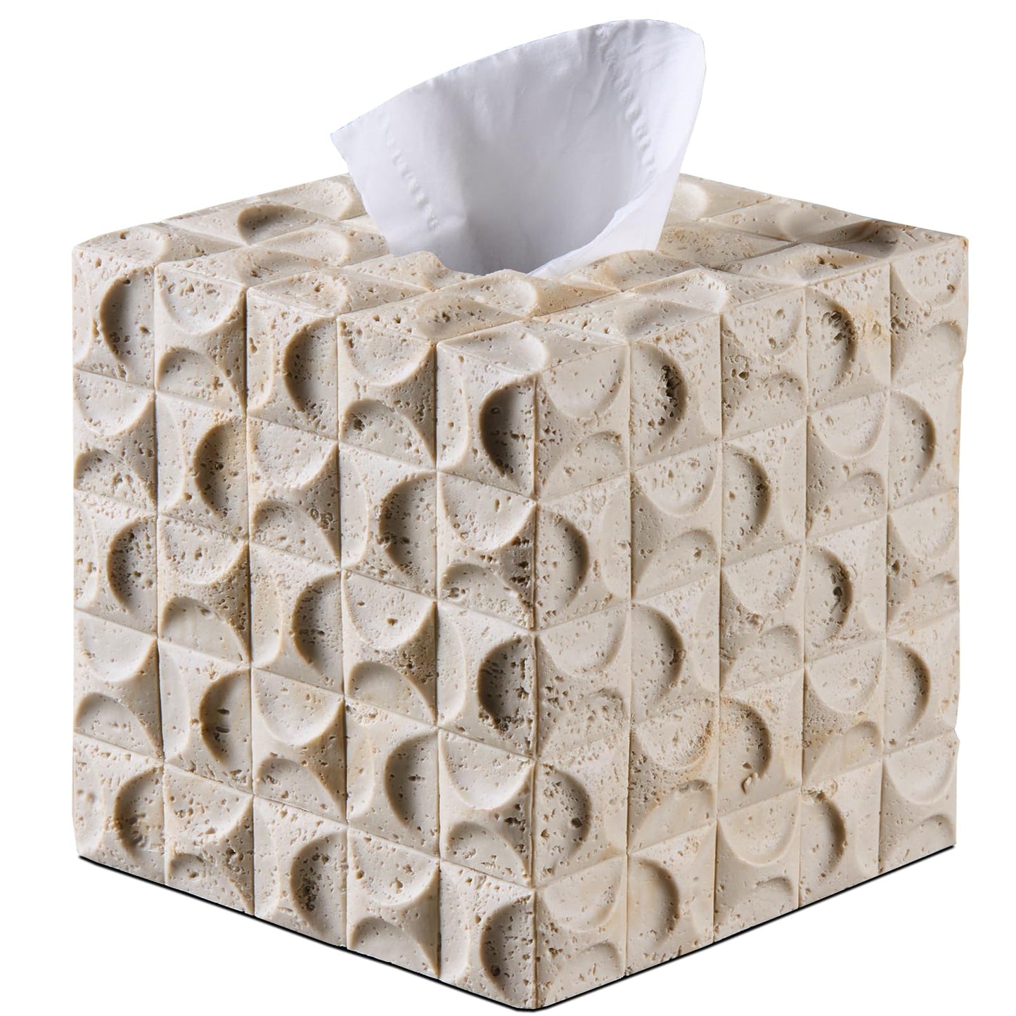 Natural Travertine Textures Tissue Box Cover Square for Home Decor, Relief Sculptured Geometric Cube Resin Heavy Tissue Box Holder for Bathroom Countertop, Tabletop, Night Stand, Office Desk (Beige)