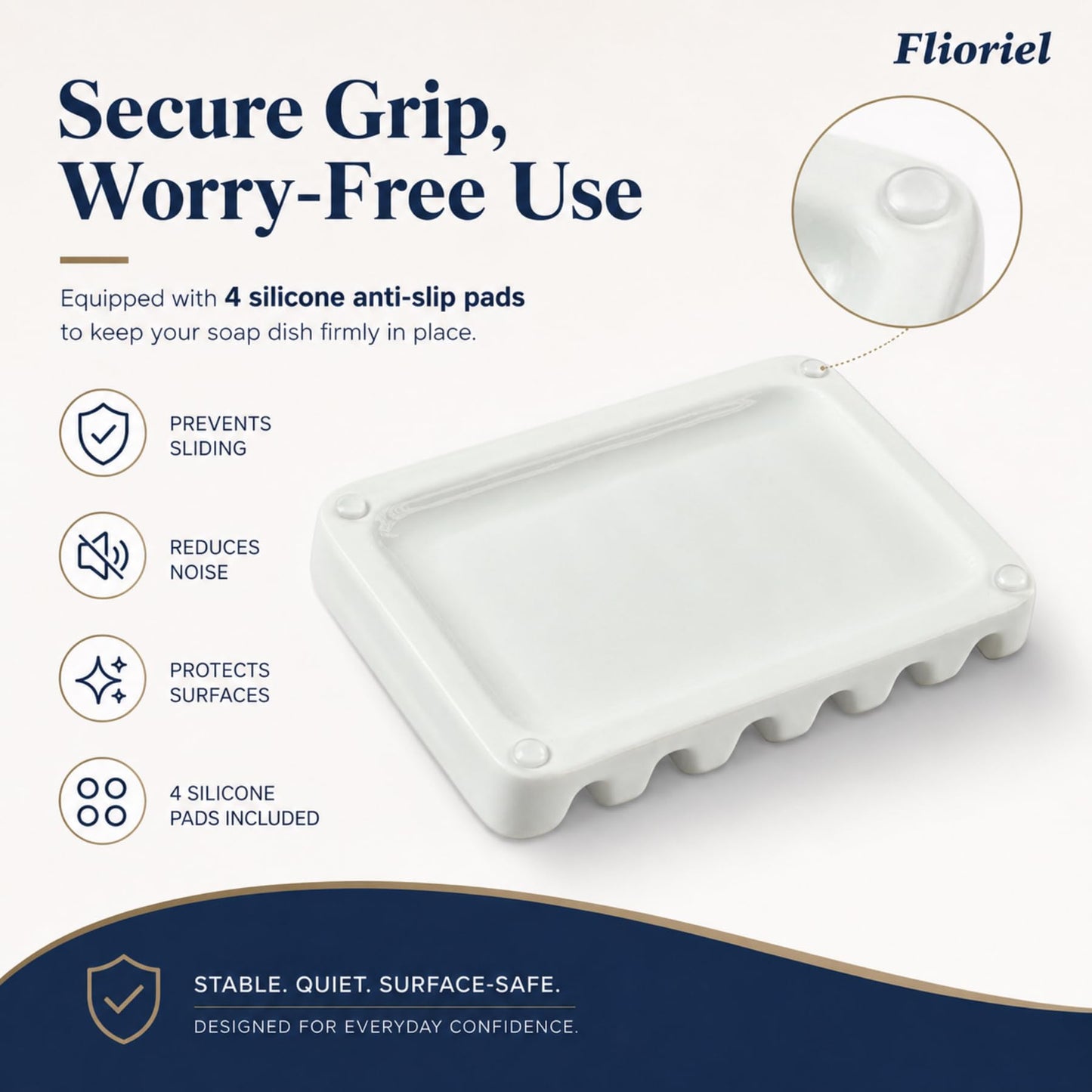 Flioriel White Ceramic Soap Dish, Self Draining Soap Holder for Shower & Bathroom Sink, Porcelain Soap Tray with Anti-Slip Silicone Pads, Easy to Clean & Keep Soap Dry, Modern Minimalist (White)