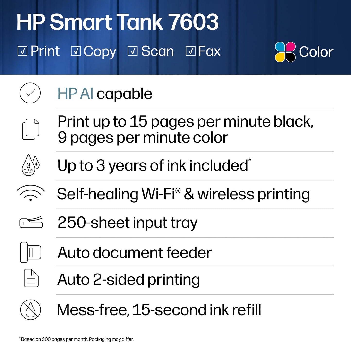 HP Smart Tank 7603 Wireless All-in-One Ink Tank Printer, Scanner, Copier with up to 3 Years of Ink Included, Best-for-Home Office, Cartridge-Free Refillable, AI-Capable (D34F7A)