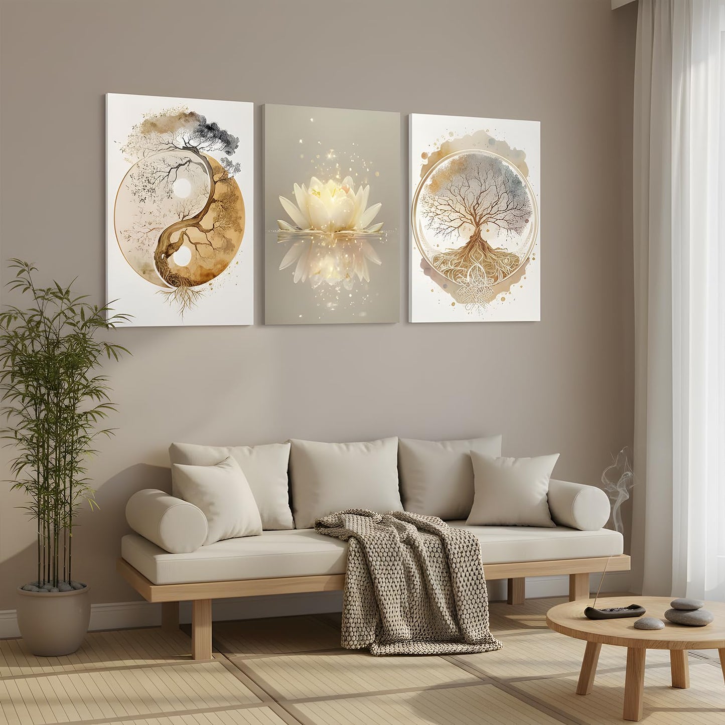 Tree of Life Wall Art Canvas Framed Set of 3 Lotus Zen Wall Decor Painting Poster Abstract YinYang Fall Art Picture Print Artwork for Living Room Yoga Room Bedroom Home Decoration 12x16 inch