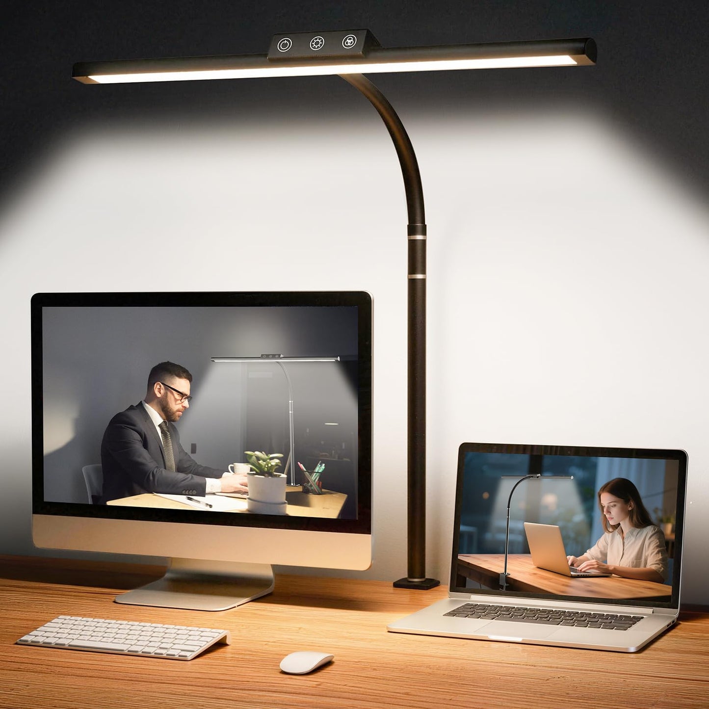 LED Desk Lamp for Home Office, Flexible Gooseneck Desk Lamp with Clamp, 5 Color Touch Control Stepless Dimming Adjustable Eye-Caring Desk Light with Adapter for Reading, Study, Workbench (Black)