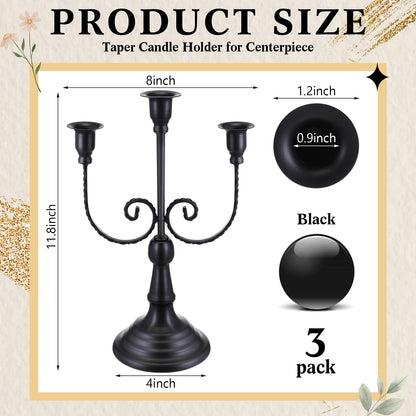 Dandat 3 Pcs 3 Arm Metal Candelabra Candlestick Holders Tall Candlestick Holders Gothic Candle Holder for Home Wedding Church Christmas Party(Retro,11.8 Inch,Black)