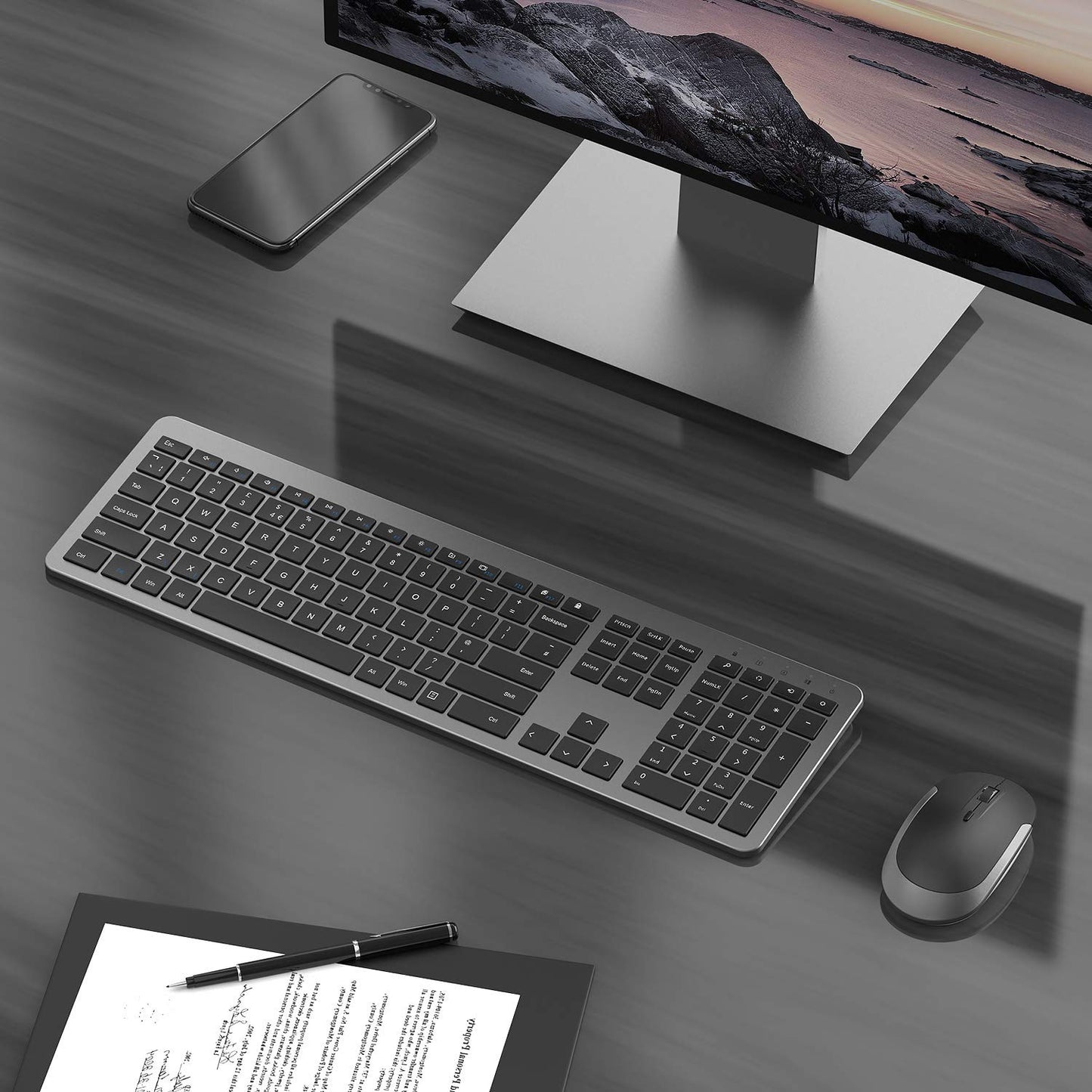 seenda Wireless Keyboard and Mouse Set, SK38 Ultra Slim Quiet USB Wireless Keyboard and Mouse Full Size QWERTY UK Layout with Numeric Keypad for Windows PC, Laptop, Computer, Black and Grey