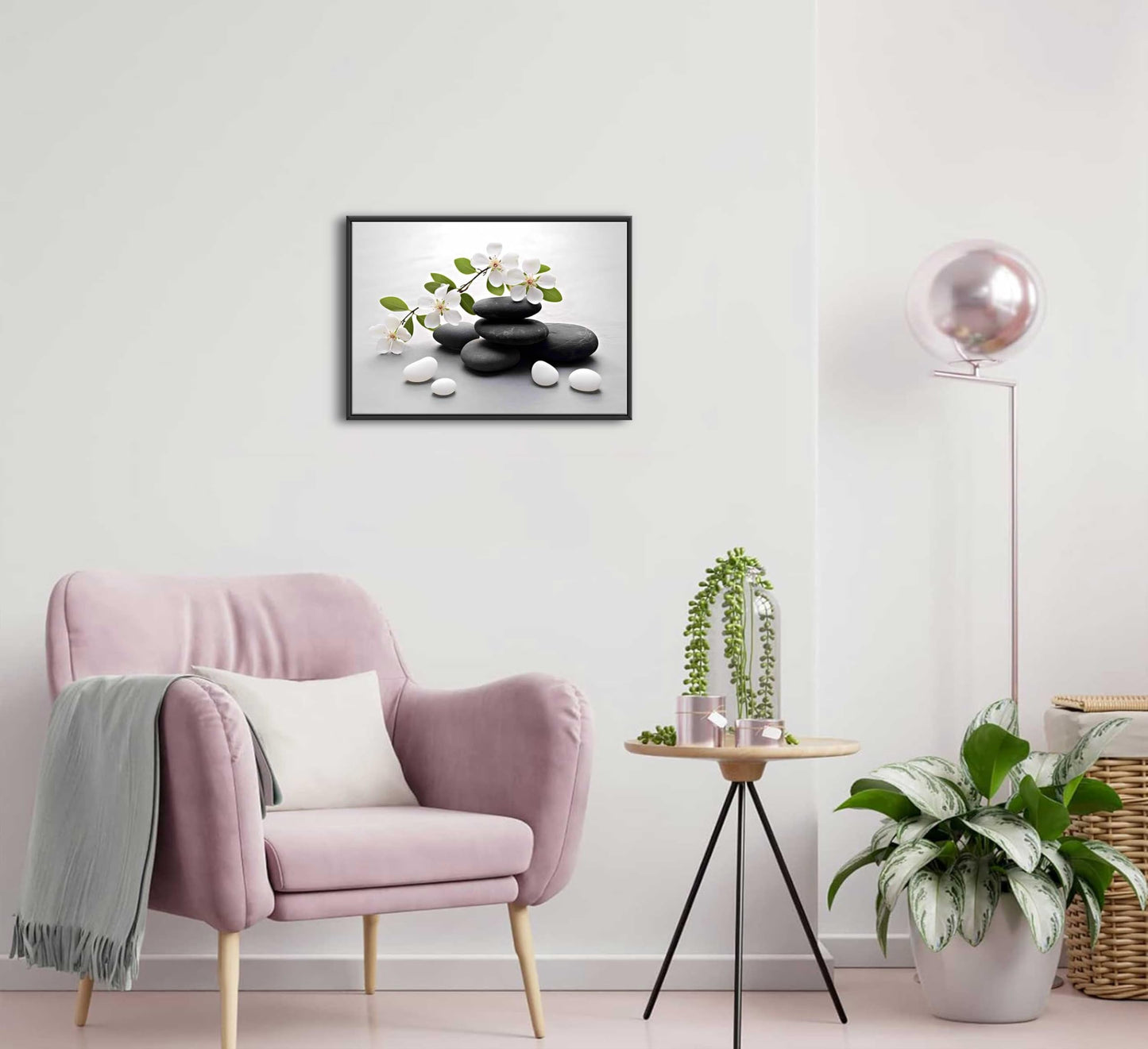 Framed Zen Stone Flower Canvas Wall Art Orchid Flower Black White Zen Stone Picture Wall Decor Still Life Poster Print Artwork for Bathroom Yoga Room Spa Room Meditation Room Office Home Decoration