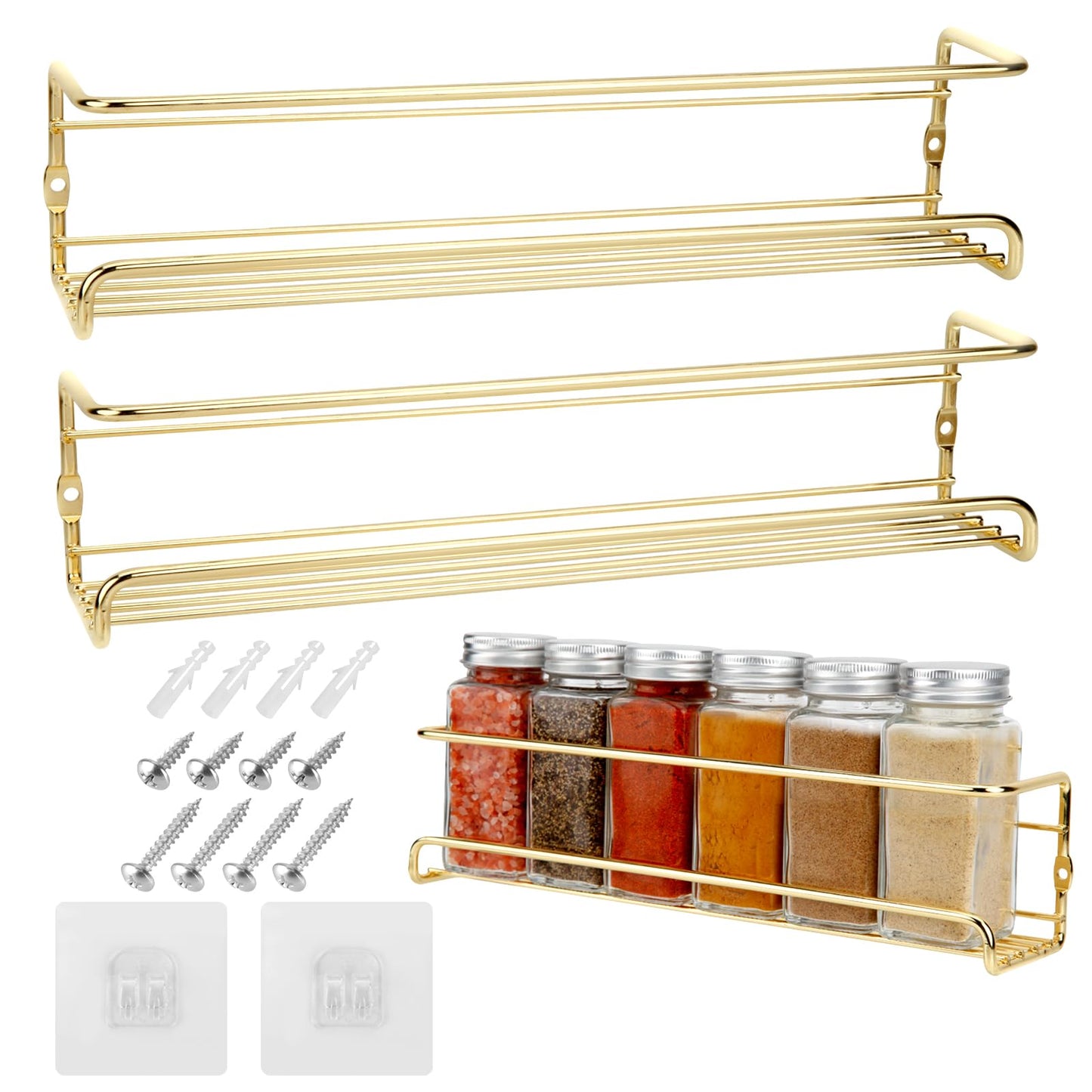 blueden 2 Pack Self Adhesive Wall Mounted Fridge Refrigerator Spice Racks,Metal Kitchen Seasoning Jar Organizer for Space Saver,Hanging Spice Organizer Shelf for Kitchen Cabinet,Wall,Pantry Door.Gold