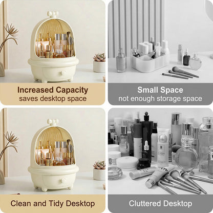 TIMBERHIDE 360° Rotating Cosmetic Storage Box,Cute Fashion Makeup Organizer with Drawer,Dustproof Skincare Display Case for Vanity Countertop Bathroom,Ideal Gift for Women（Cream）