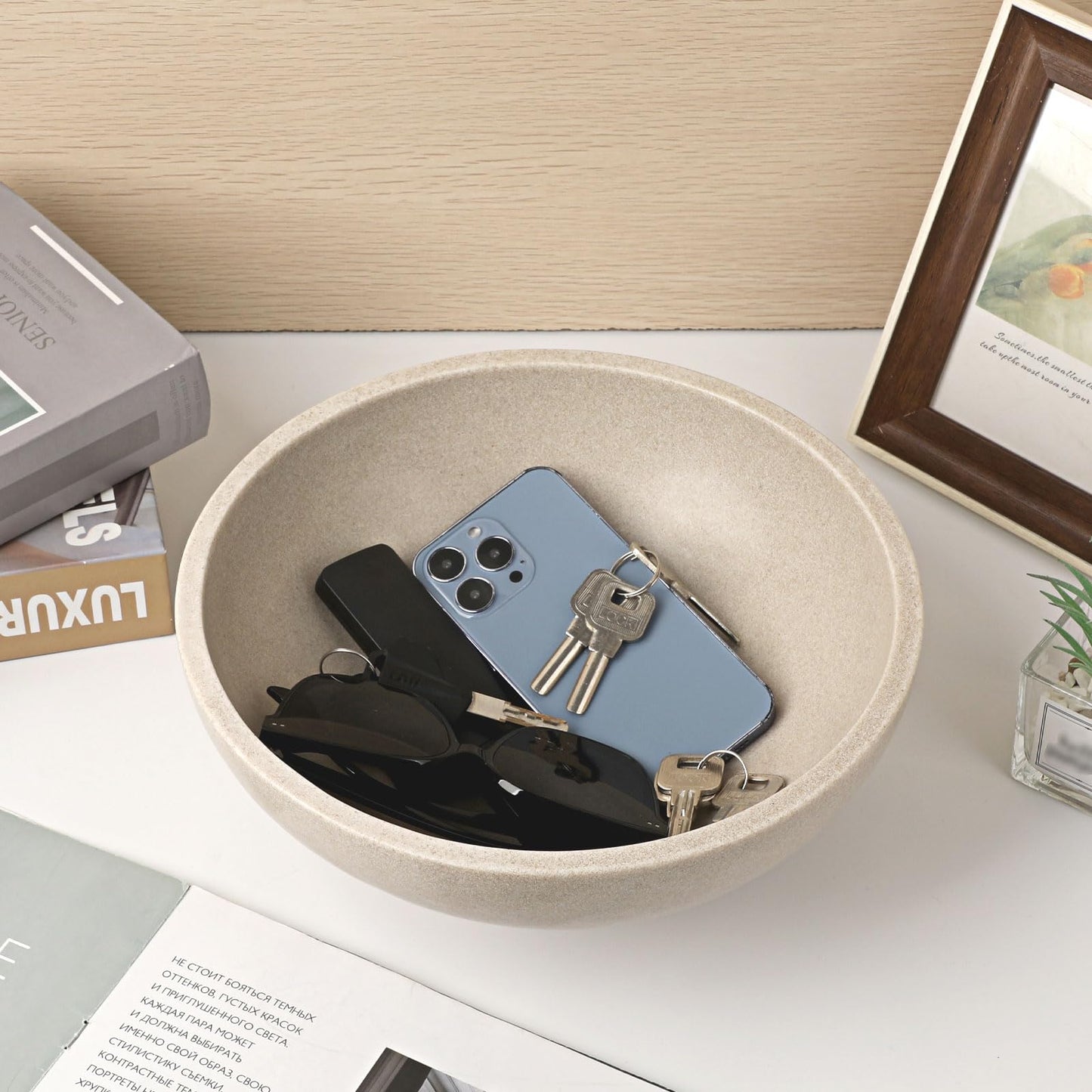 GUSHBIN Key Bowls for Entryway Table 10.6" Large Decorative Bowl Fruit Bowl Modern Key Holder Bowls Pedestal Bowl for Kitchen Counter Home Decor, Beige