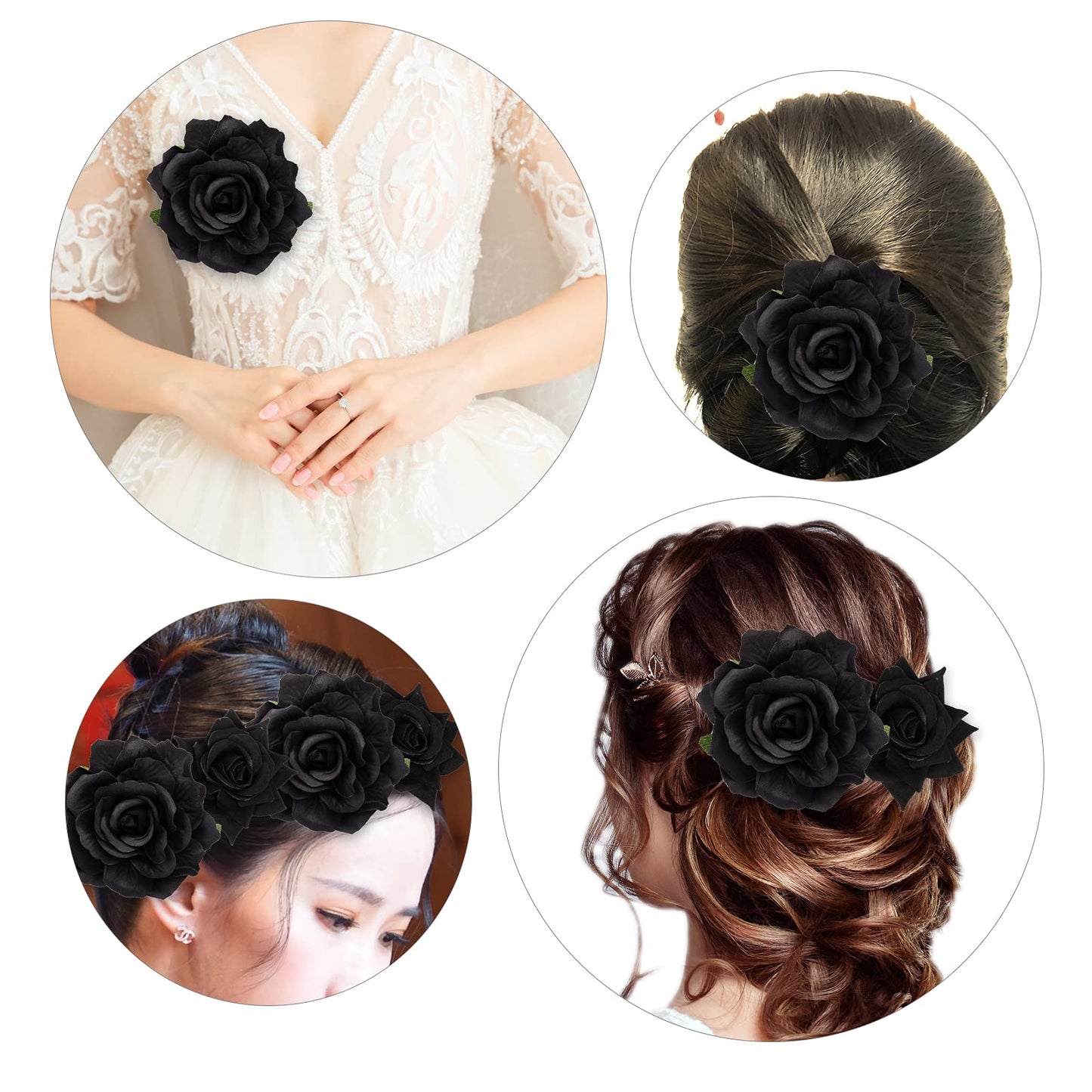 Topbuti Rose Hair Clip Flower Hairpin Brooch, 4 Pcs Fabric Floral Clips Mexican Hair Flowers Pin up Headpieces for Woman Girl Wedding Party Mother's Day (Black)