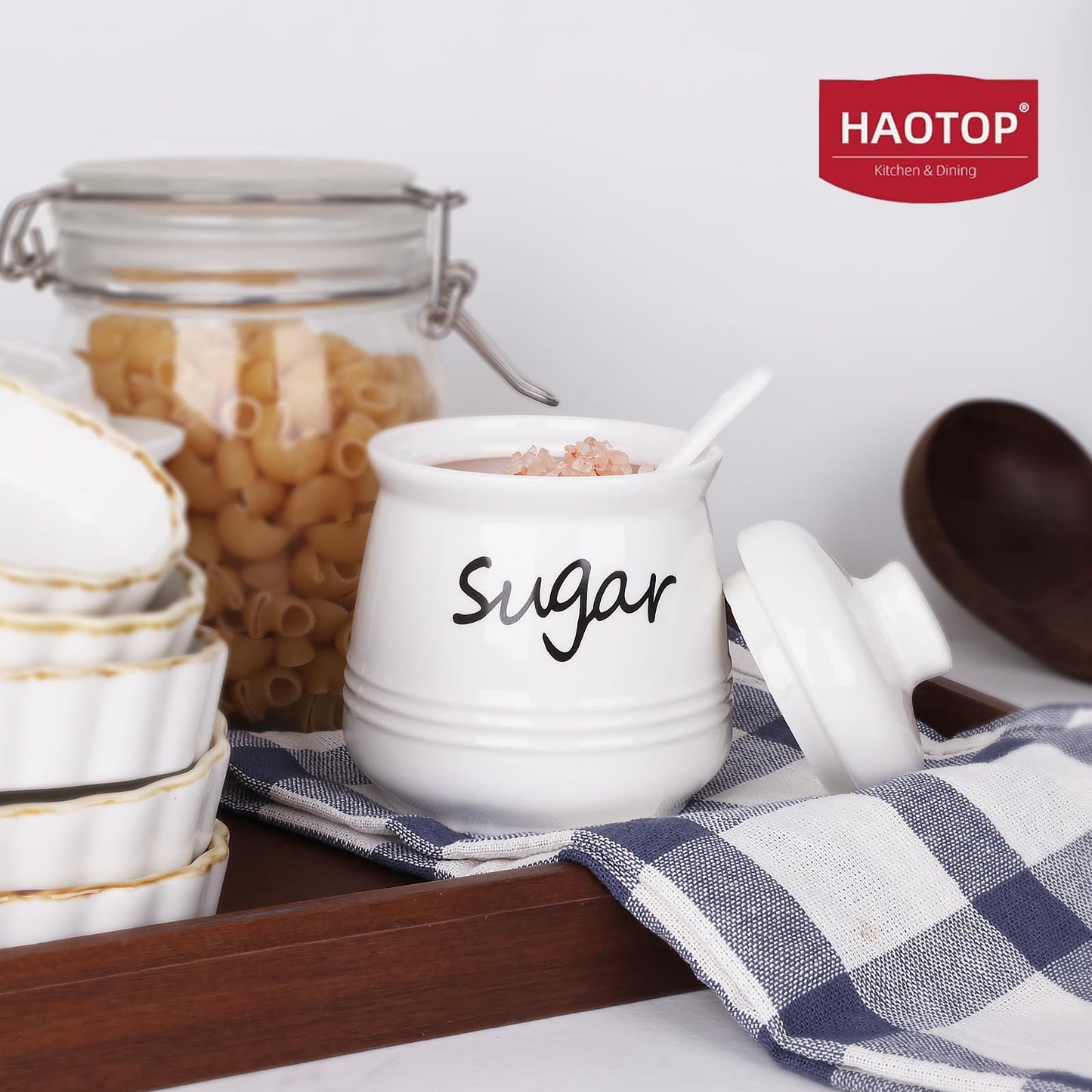 HAOTOP Ceramic Sugar Bowl with Lid and Spoon, 12oz Sugar Jar Sugar Dispenser Sugar Container Coffee Bar Accessories, Kitchen Countertop Canisters, White