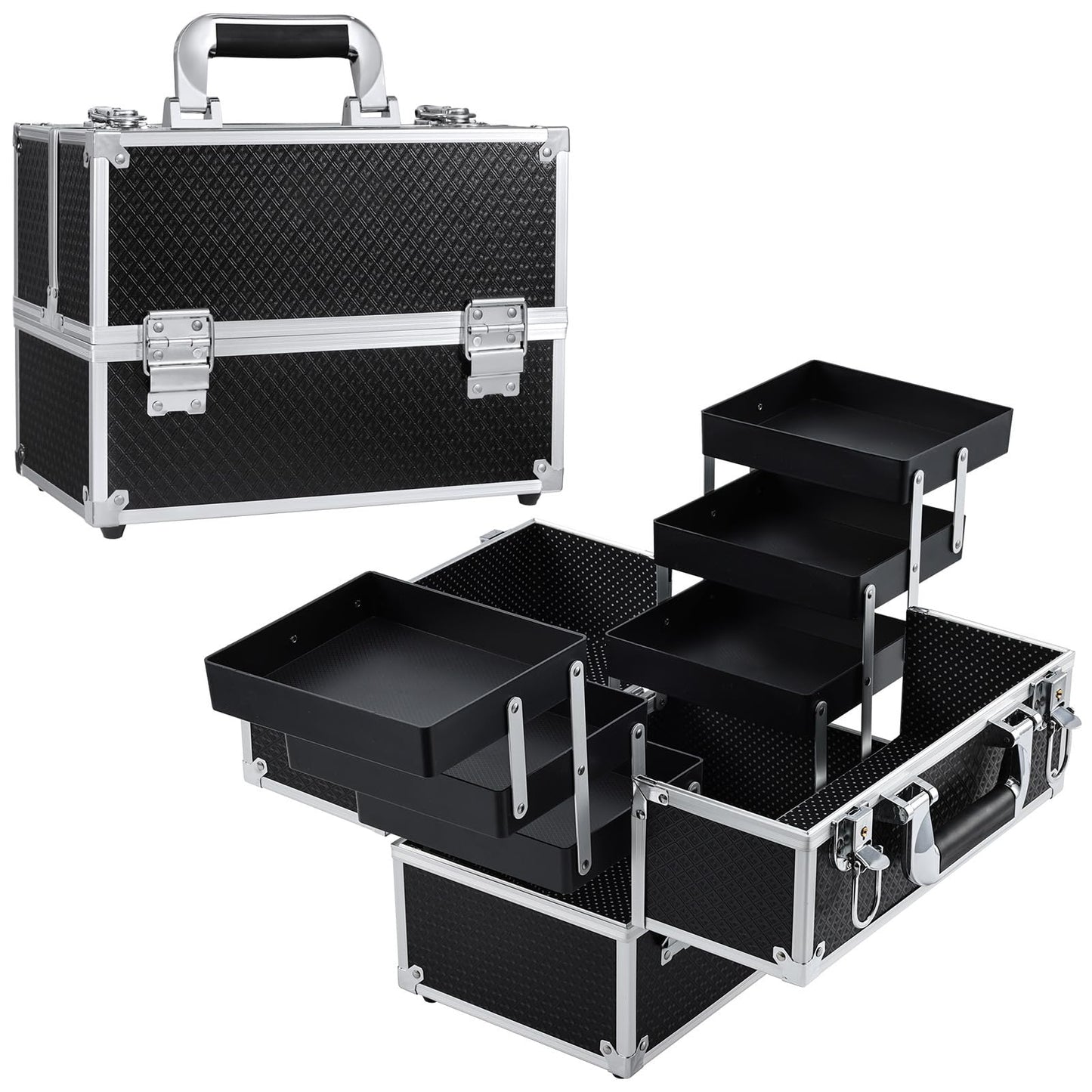 Frenessa 6 Trays Makeup Box Cosmetics Case Jewelry Organiser Vanity Make Up Storage Box Beauty Train Case Lockable with Keys, Black