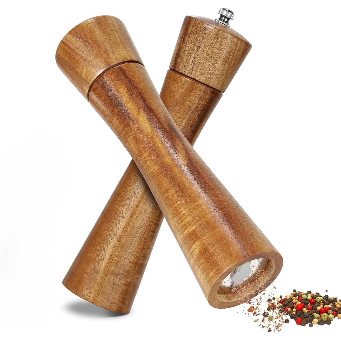 MNADSFKJ 2 Pack Acacia Wooden Salt and Pepper Grinder Set Refillable Salt and Pepper Mills Adjustable Coarseness, Acacia Wood with Ceramic Core Peppercorn Shaker Tableware Birthday Gifts