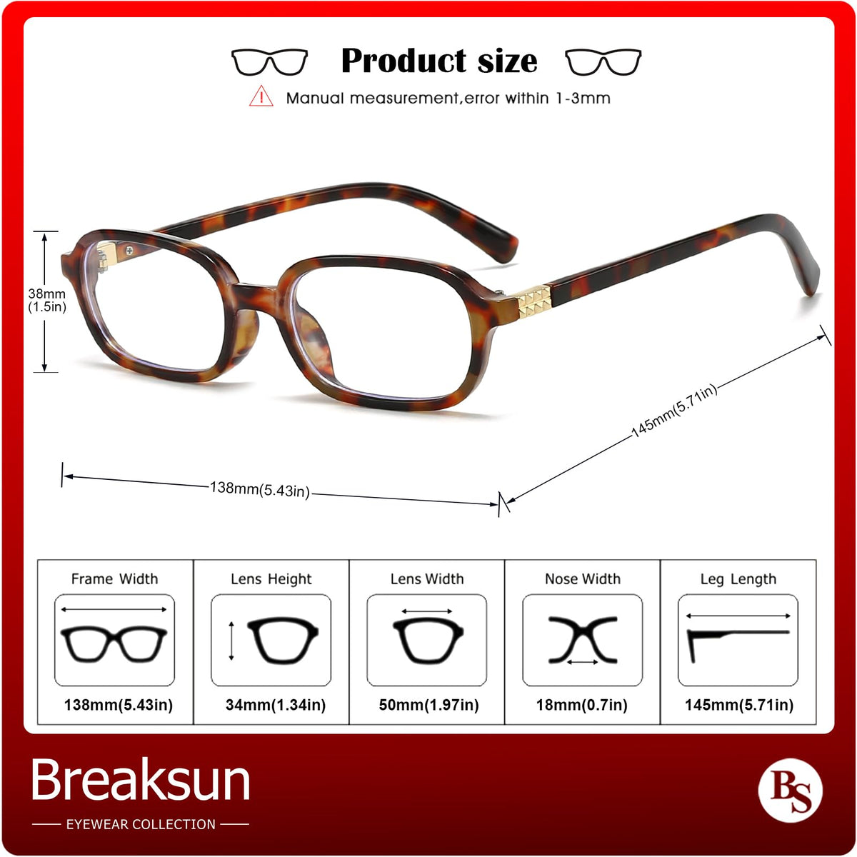 Breaksun Retro Rectangle Glasses for Women Men Small Square Blue Light Blocking Glasses Vintage Eyeglasses (Tortoise)