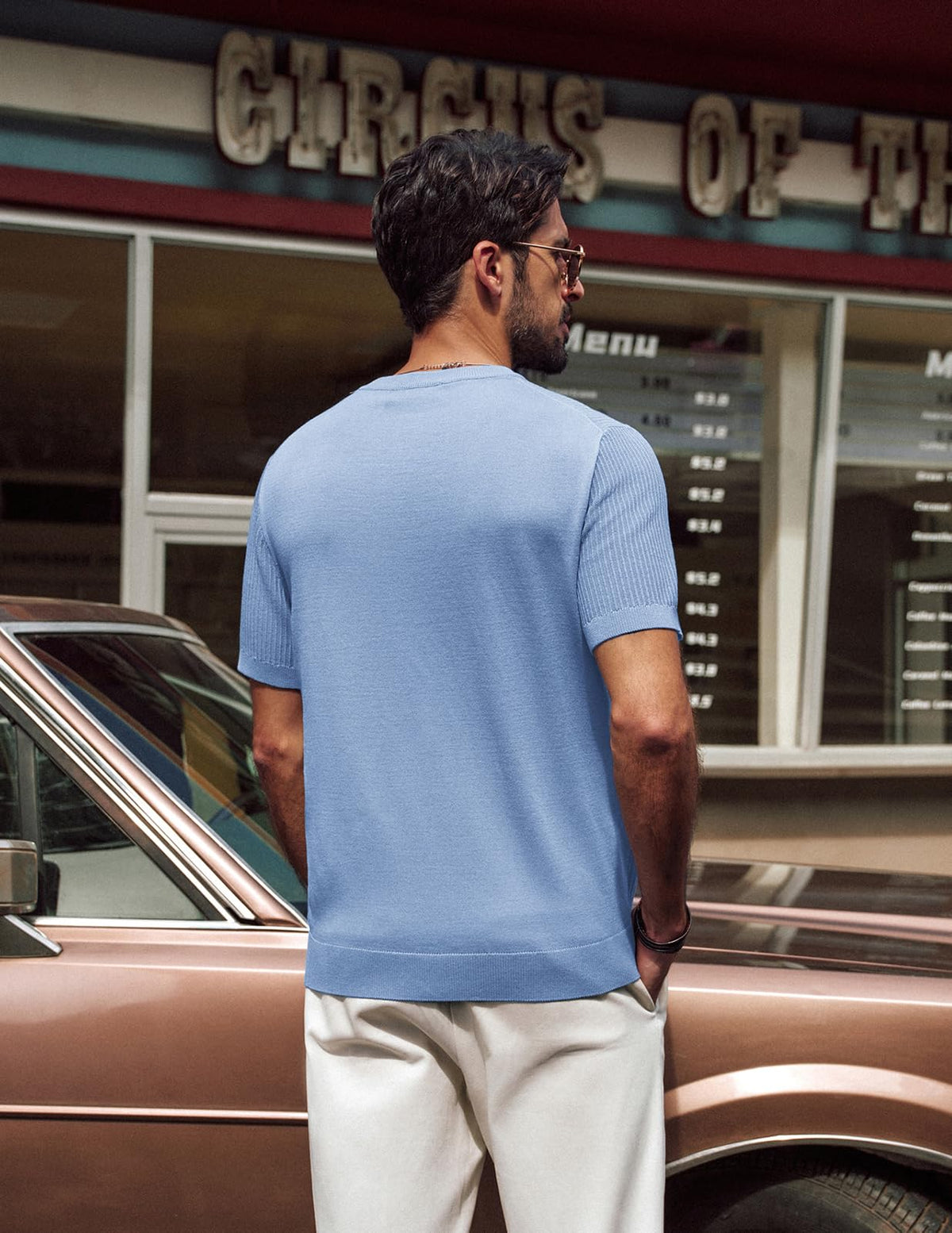 PJ PAUL JONES Knitted Shirt for Men Crew Neck Tees Short Sleeve Pullover Casual Slim Fit Men's T Shirts Light Blue