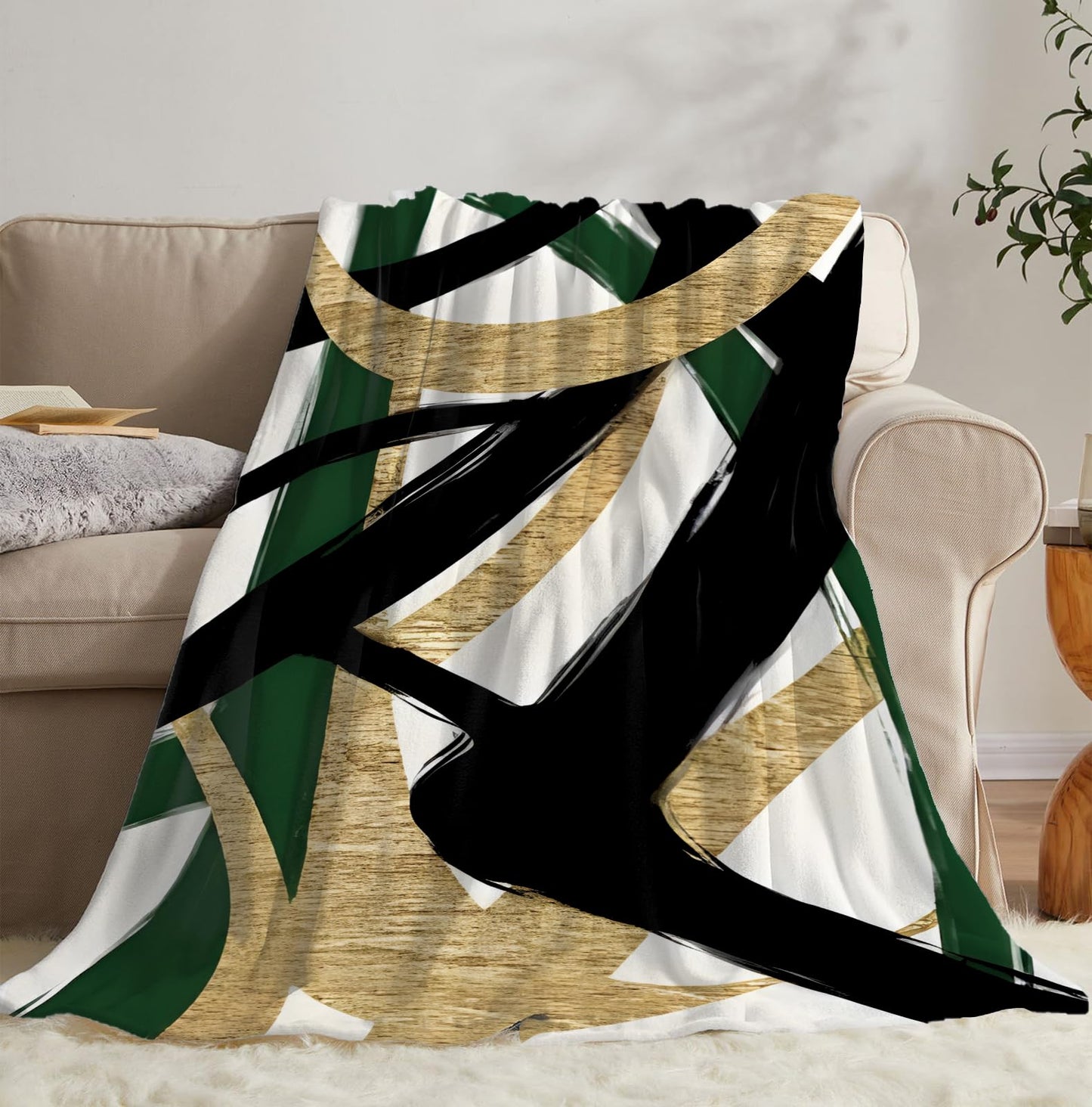 SPBL&L Abstract Black White and Gold Grenn Blanket, Minimalist Modern Ink Line Throw Blanket for Bed Couch Bedroom Living Room, Modern Room Home Decor