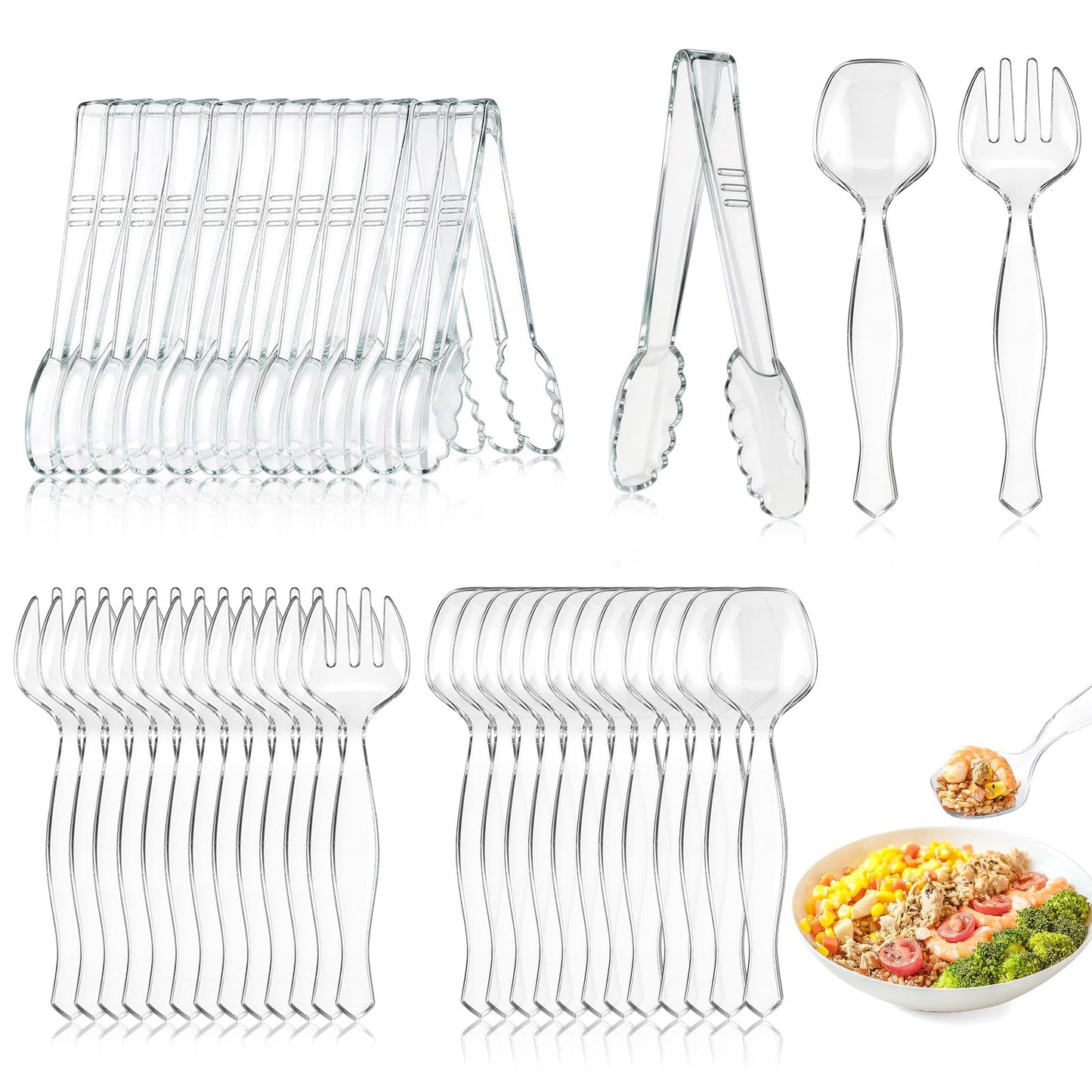 Mwellewm 36Pcs Serving Utensils Large Plastic Serving Utensils Set Serving Spoons for Buffet Clear Disposable Plastic Tongs 8.5'' Heavy Duty Slotted Spoons/Forks Supplies for Party Food Salad Soup