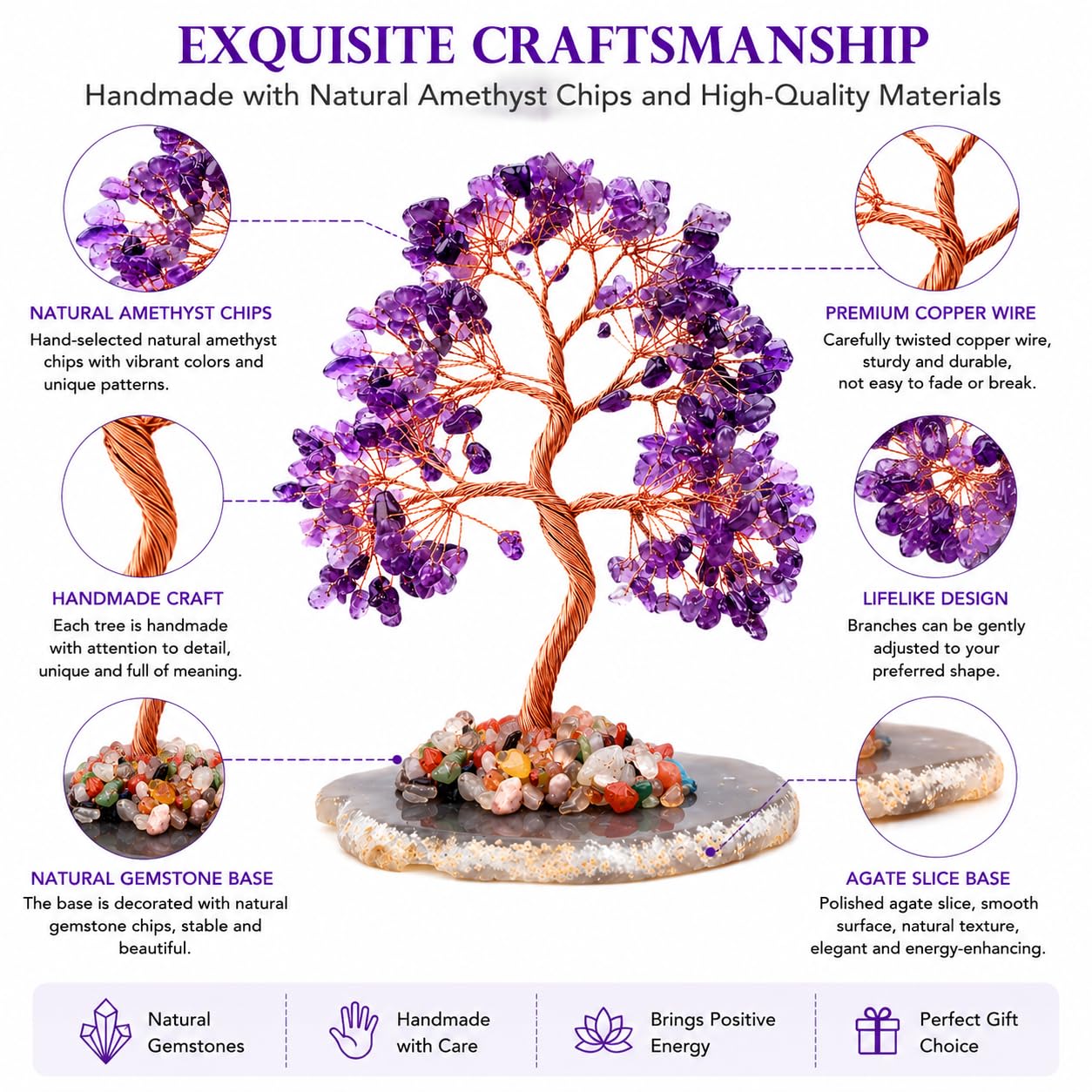 Geodora Amethyst Crystal Tree of Life, Healing Crystal Tree with Real Amethyst Stones, Chakra Tree of Life Crystal Tree for Positive Energy, Feng Shui Home Office Desk Decor, Spiritual Gifts for Women