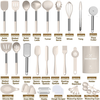 Umite Chef Silicone Kitchen Cooking Utensil Set, 43 pcs Spatula Set with Stainless Steel Handle, Non-stick Heat Resistant - Best Cookware Set-(Khaki)