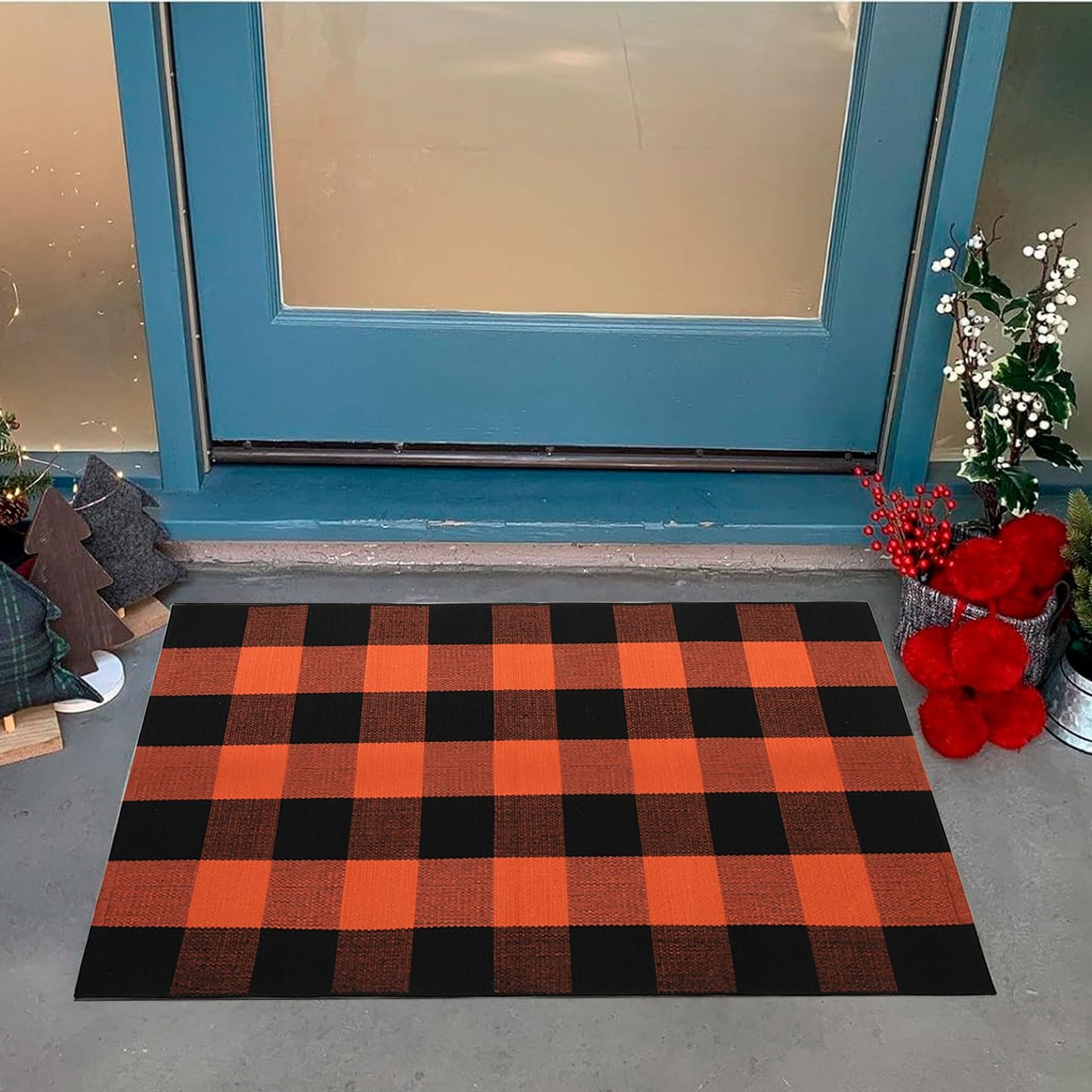 WAYYE Buffalo Plaid Outdoor Rug Checkered Area Rug Washable Doormats Indoor Outdoor Rugs for Layered Front Door Mats, Porch, Entryway, Kitchen, Farmhouse (Orange and Black Plaid, 2'3'' x 3'7'')