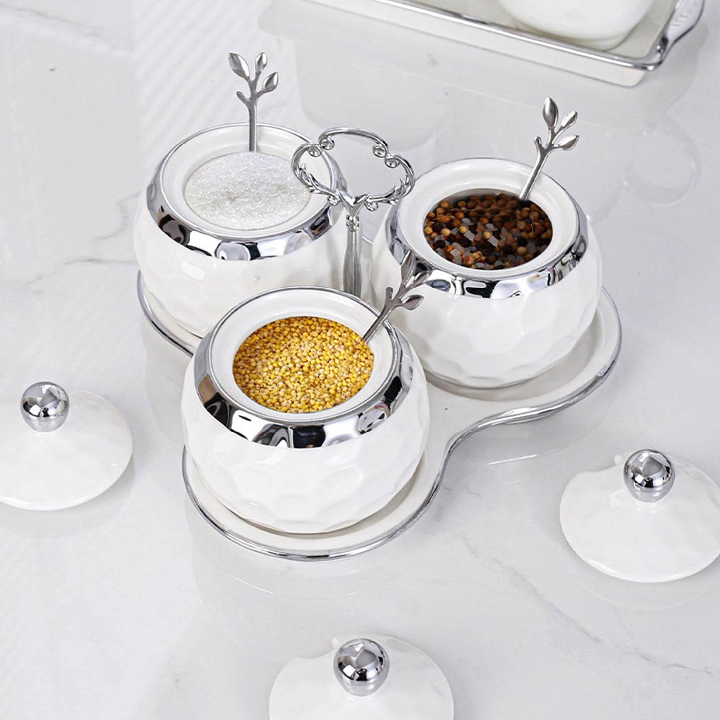 YMYL Set of 3 Porcelain Condiment Pot Sugar Bowl with Lid, Spoon and Tray, Modern Ceramic Seasoning Jars Salt Container for Home Kitchen, Restaurant, Coffee Bar (White)
