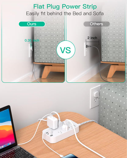 Power Strip - 10 FT Long Flat Plug Extension Cord, 6 Outlets 2 USB A 2 USB C Ports Outlet Extender with Overload Protection, Wall Mount, Desktop Charging Station for Home, Office and Dorm Essential